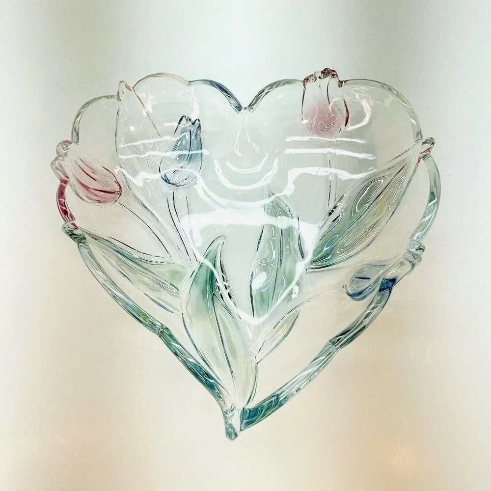 Mikasa Tivoli Crystal Serving Tray Heart Shaped W Blue Red Tulips Germany 9.5" - Picture 2 of 11